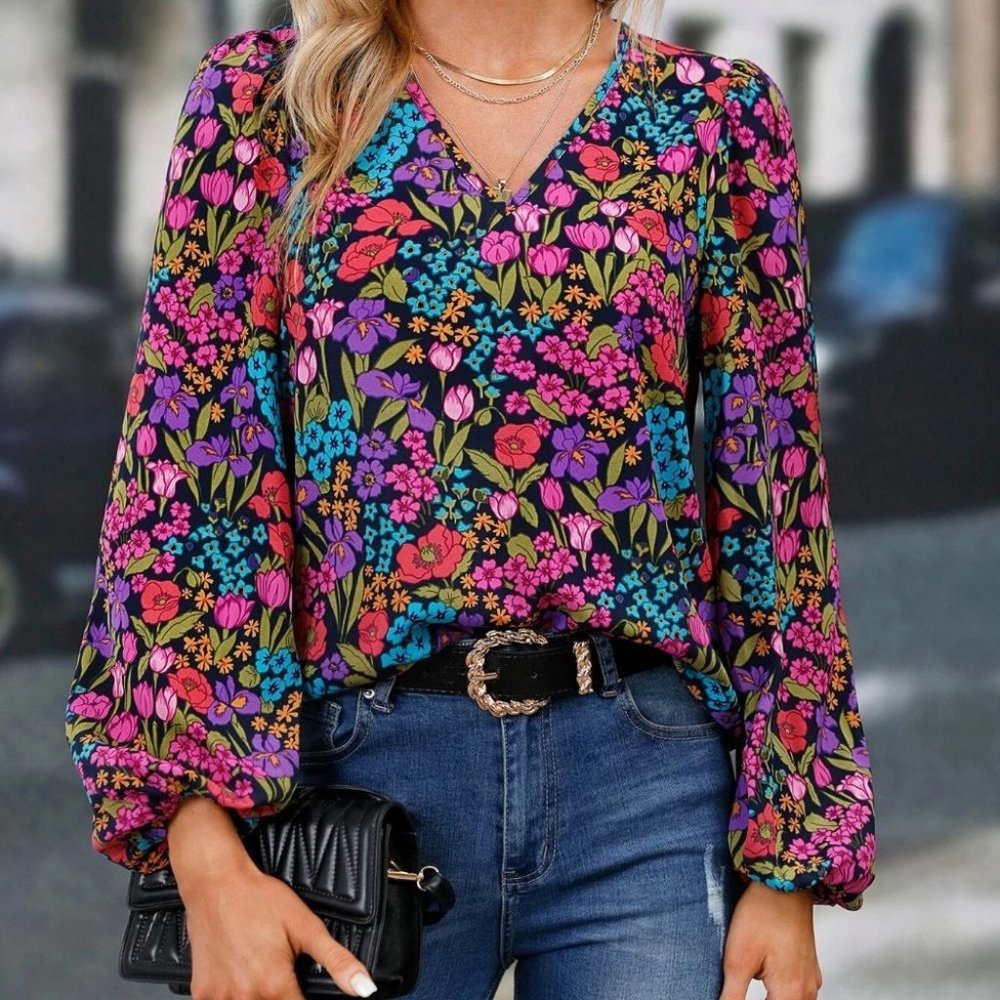 Multicolor Preppy Womens Allover Floral Print Lantern Sleeve Blouse - Picture 5 of 5